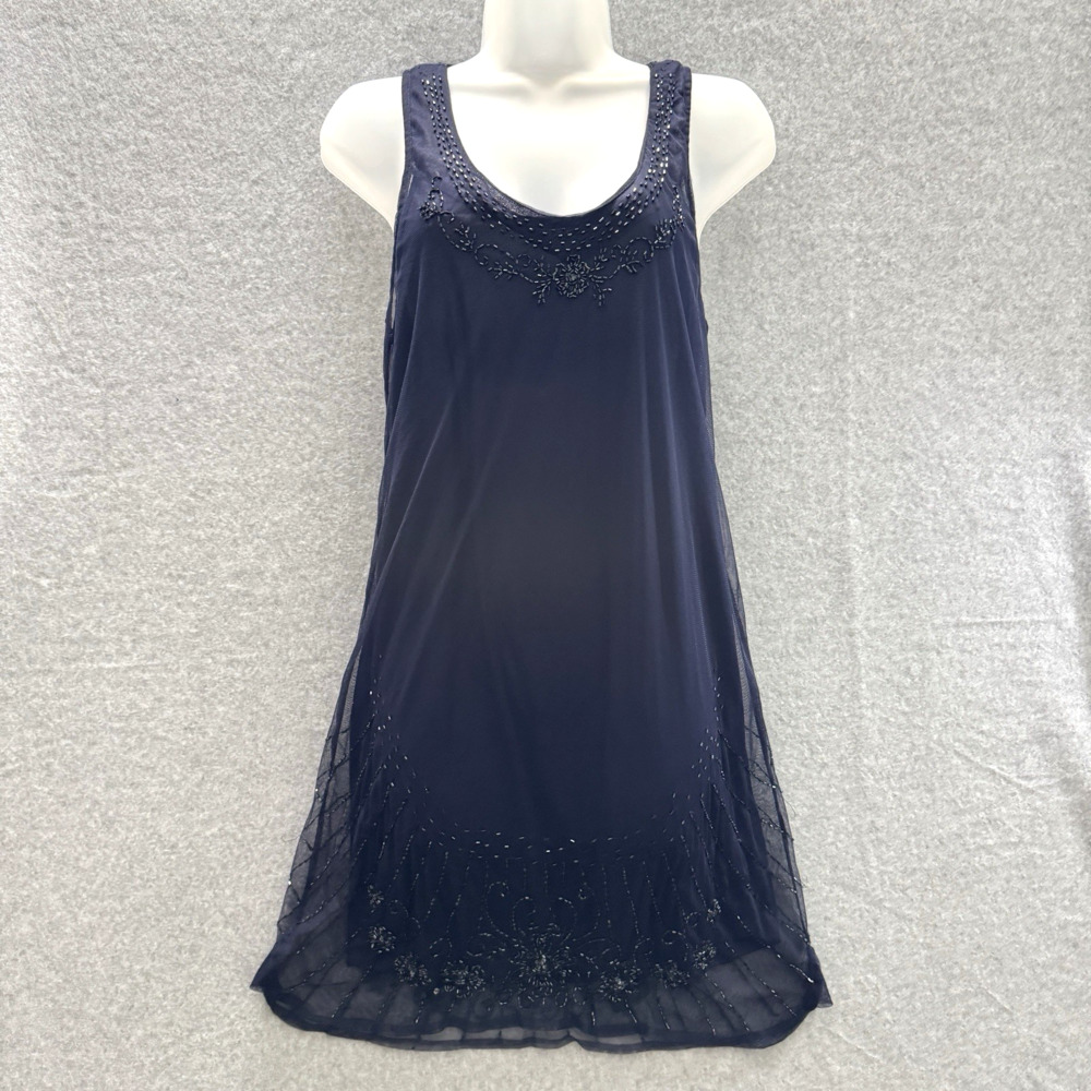 American Eagle Beaded Mesh Racerback Dress Sz S Navy Hoco Y2K Boho Festival